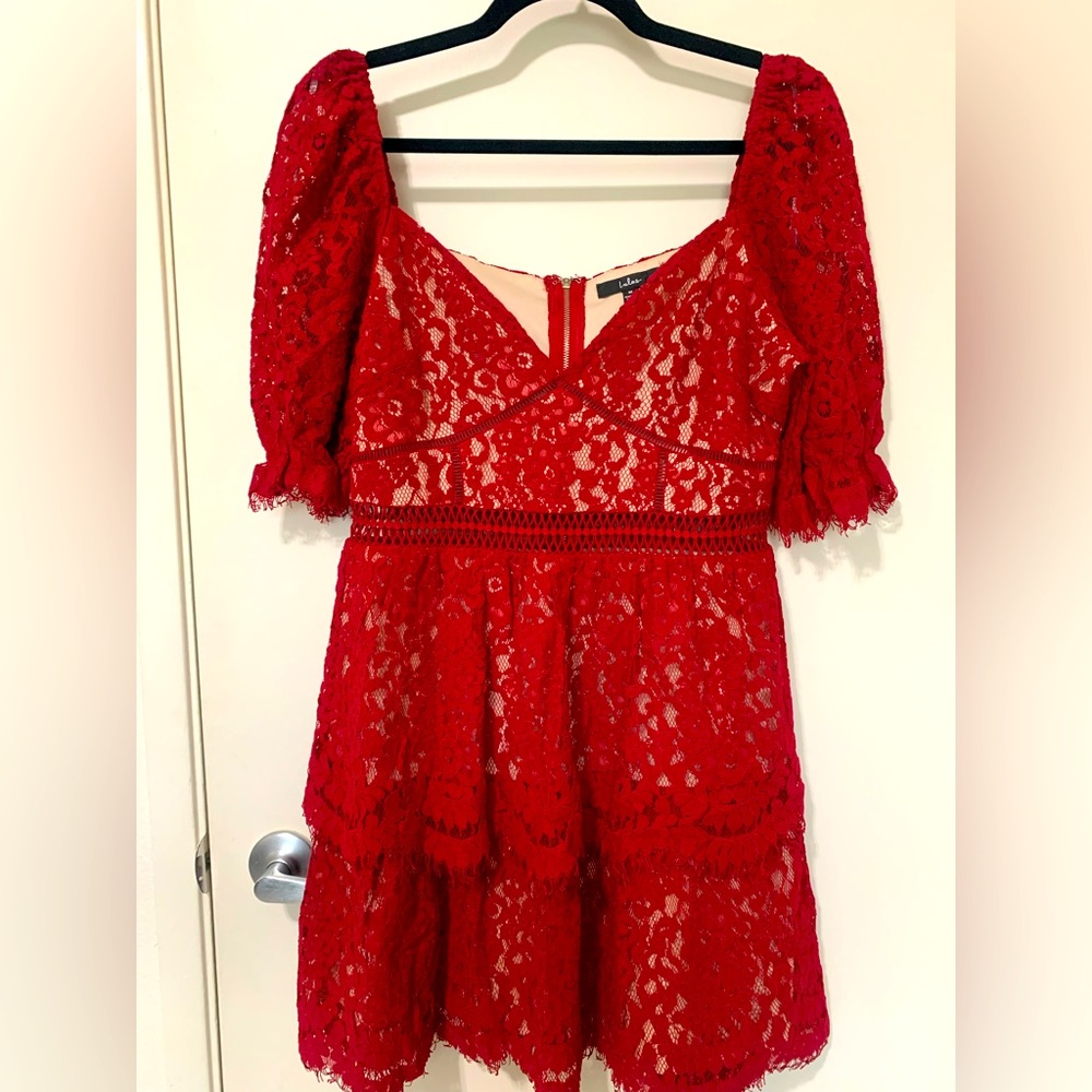 Lulus wine red lace tiered dress.